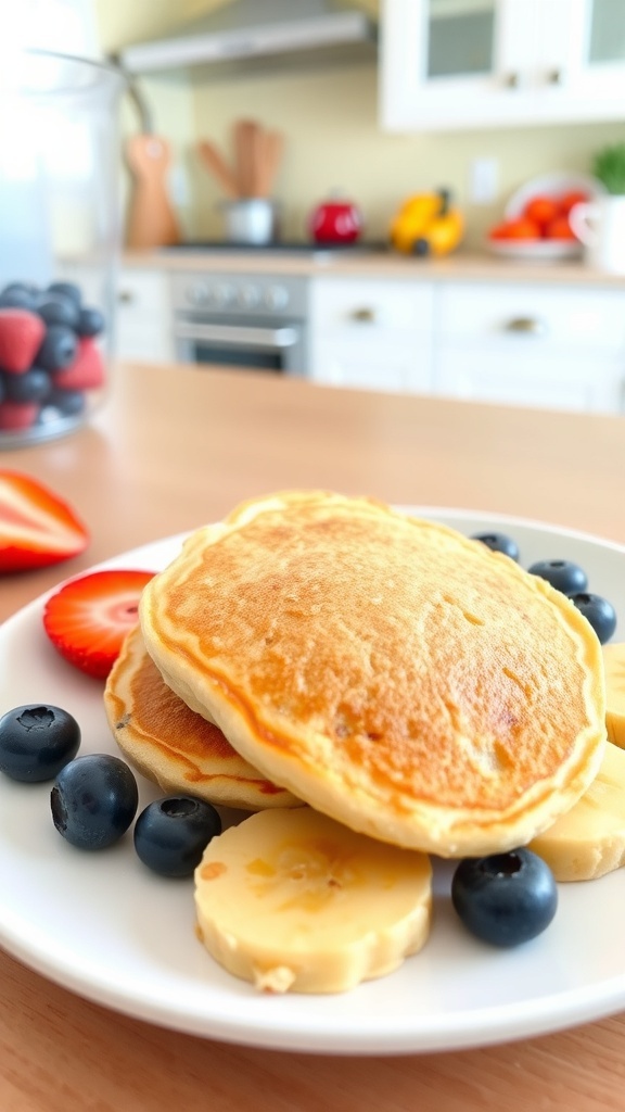 Baby-friendly pancakes made from oats and bananas, served with fresh fruit slices.